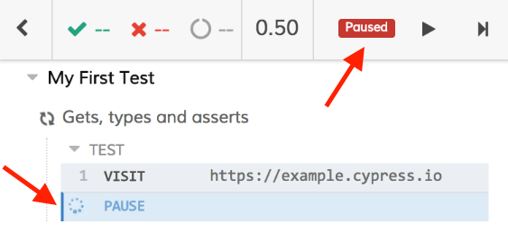 Cypress App shows label saying 'Paused' with Command Log showing 'Pause'